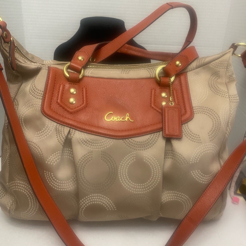 Coach Authentic Ashley Dotted Op Art Tan and Orange Carryall Satchel Bag